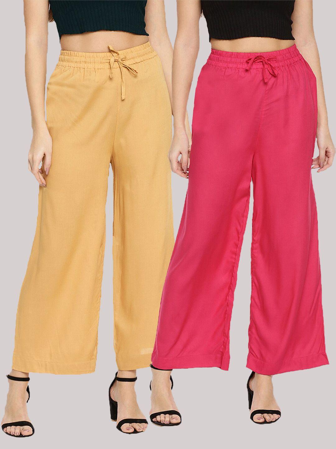 twin birds women pack of 2 mustard yellow & pink solid wide leg palazzos