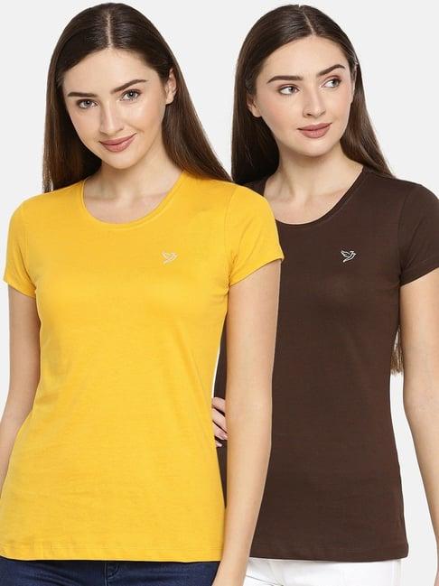 twin birds yellow & brown cotton logo print t-shirt - pack of 2