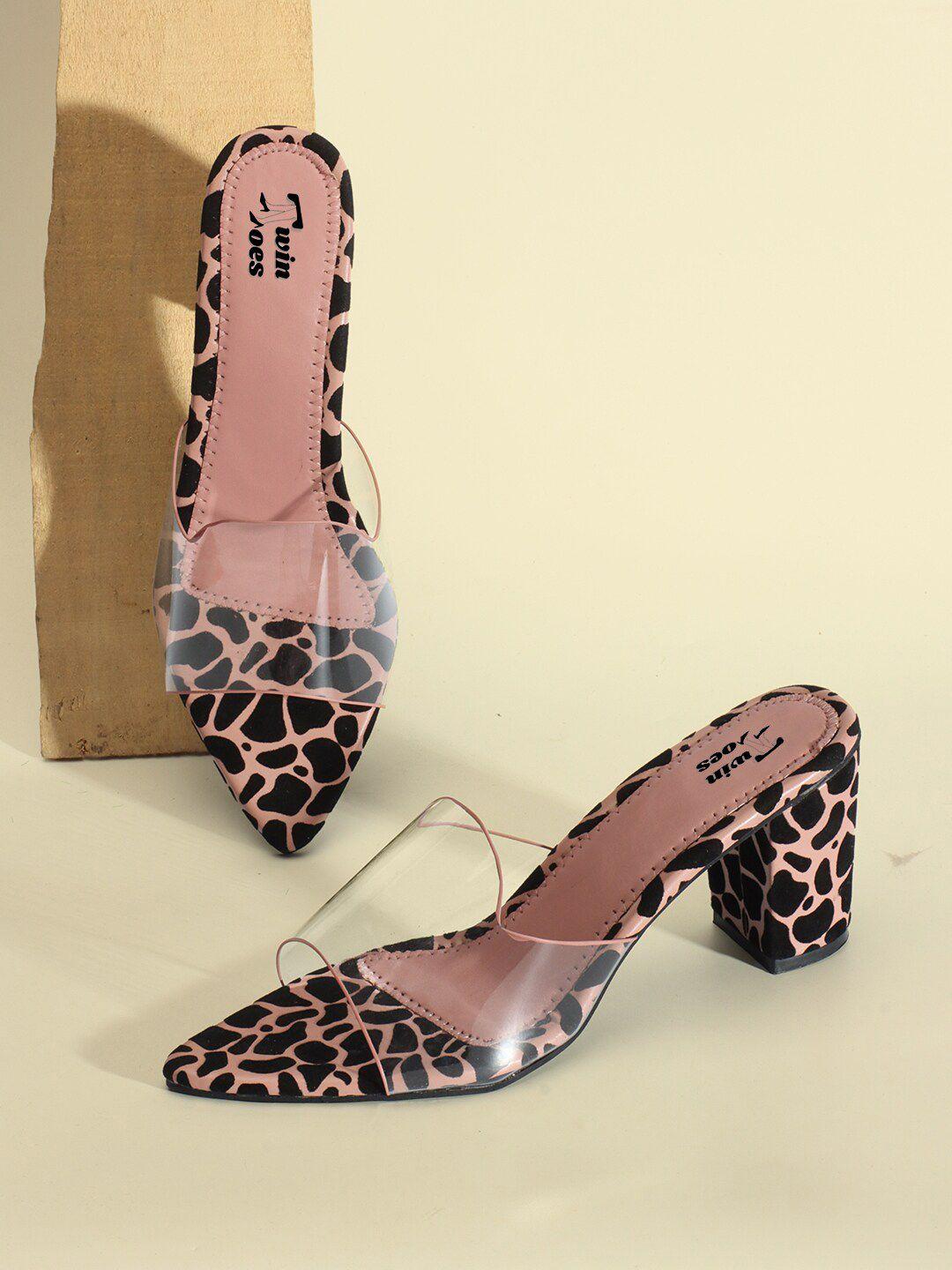 twin toes pink printed block mules with bows