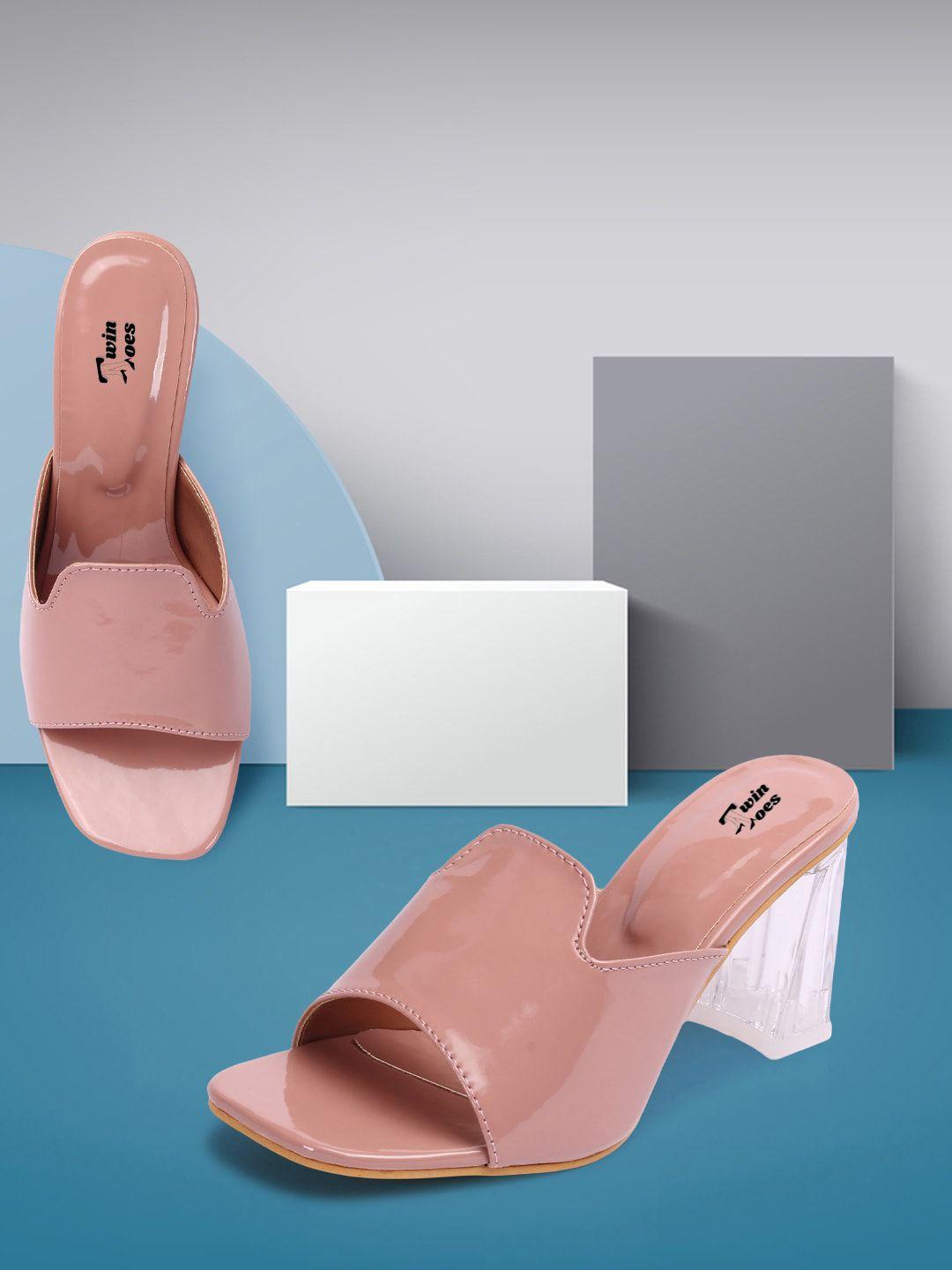 twin toes women peach-coloured party block heels