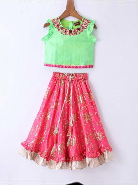 twisha kids green & pink embroidered top set