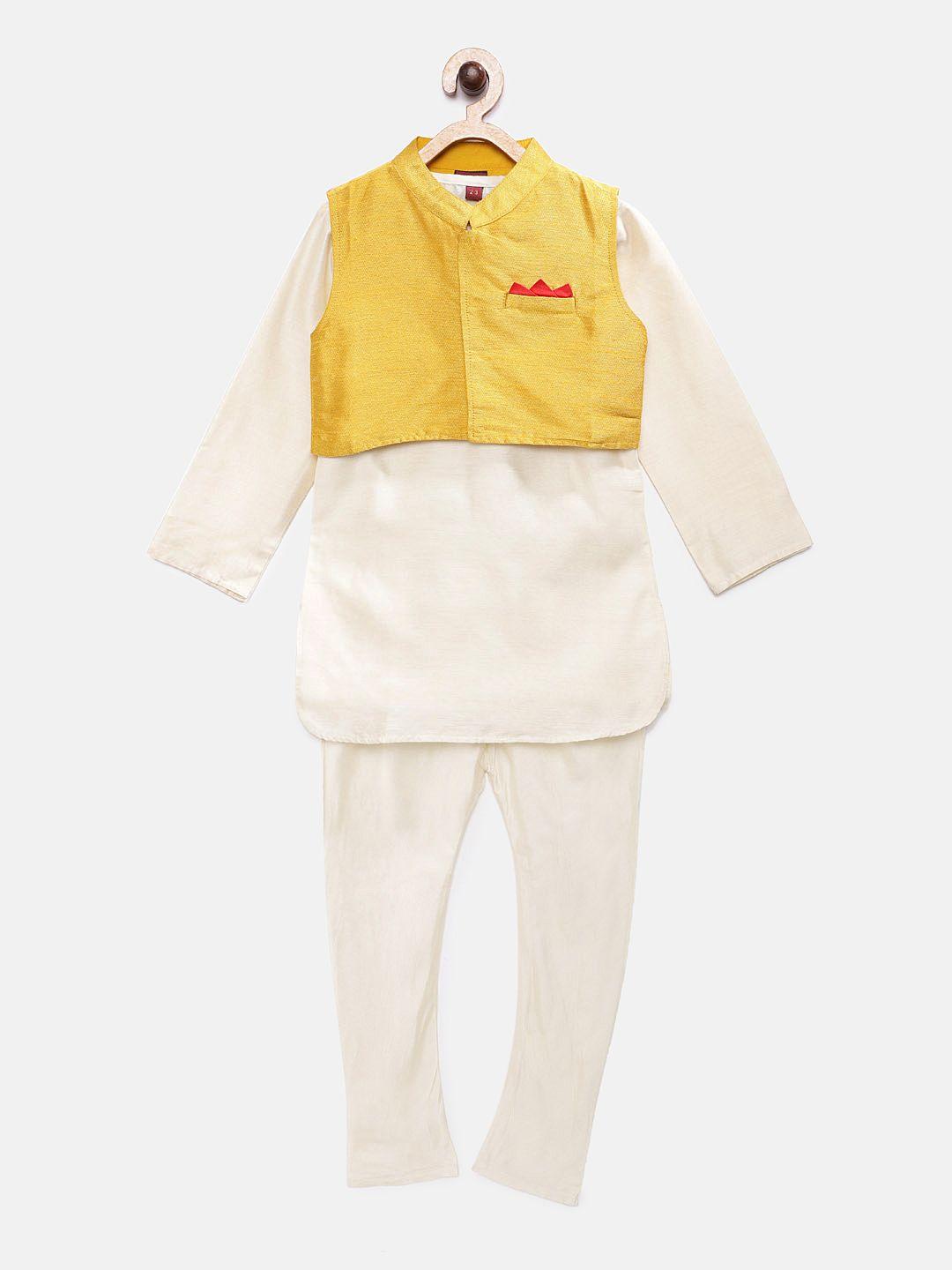 twisha boys off-white & yellow solid kurta with pyjama