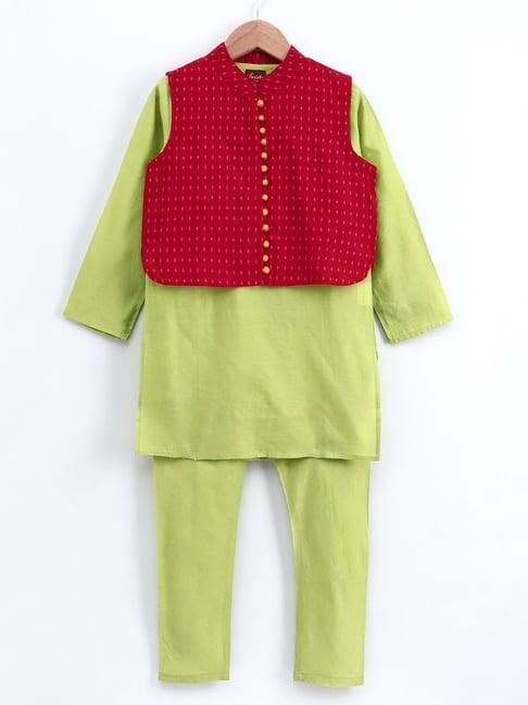 twisha kids lime green & red printed full sleeves kurta , pyjamas with jacket