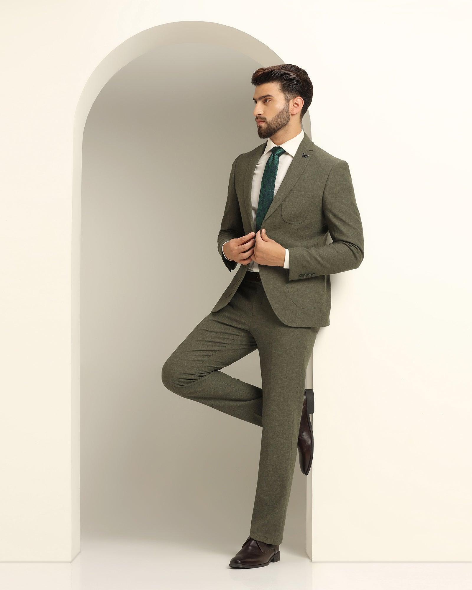 two piece olive green solid formal suit - juttex