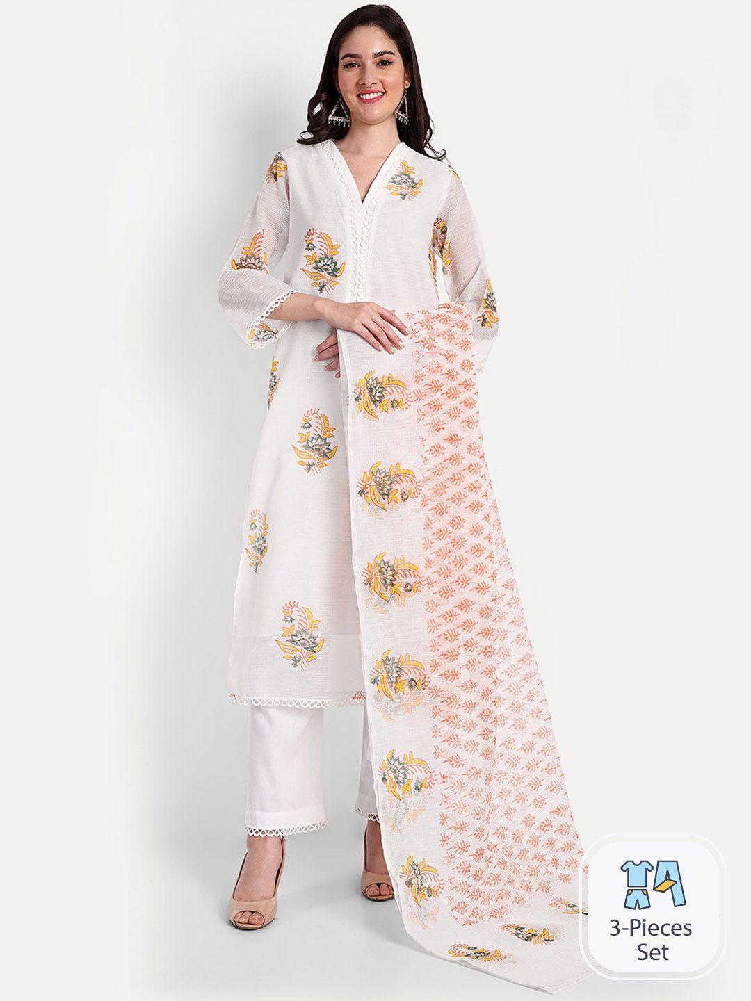 tyaar floral printed pure cotton straight kurta with trousers & dupatta