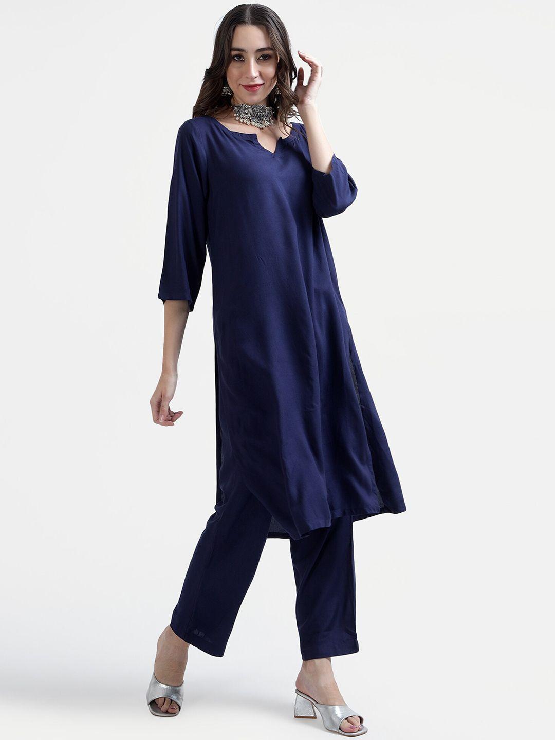 tyaar round neck three-quarter sleeve straight kurta with trouser