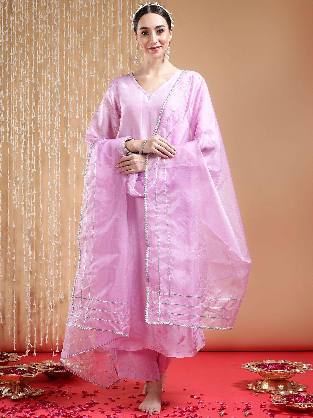 tyaar v-neck silk blend kurta with trouser & dupatta