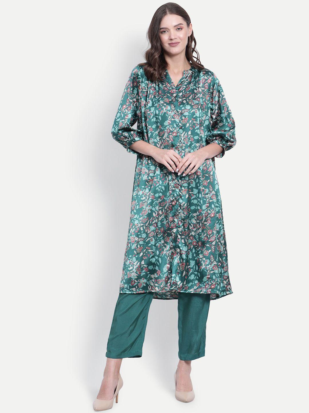 tyaar women green floral printed regular kurta with trousers