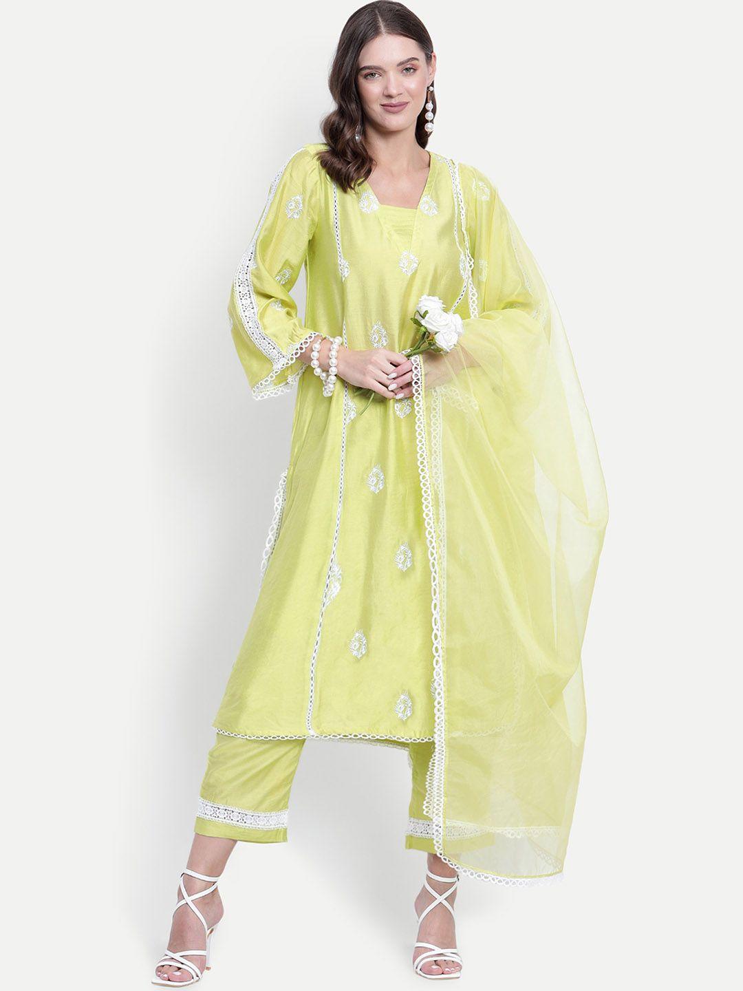 tyaar women lime green embroidered panelled thread work kurta with trousers & with dupatta