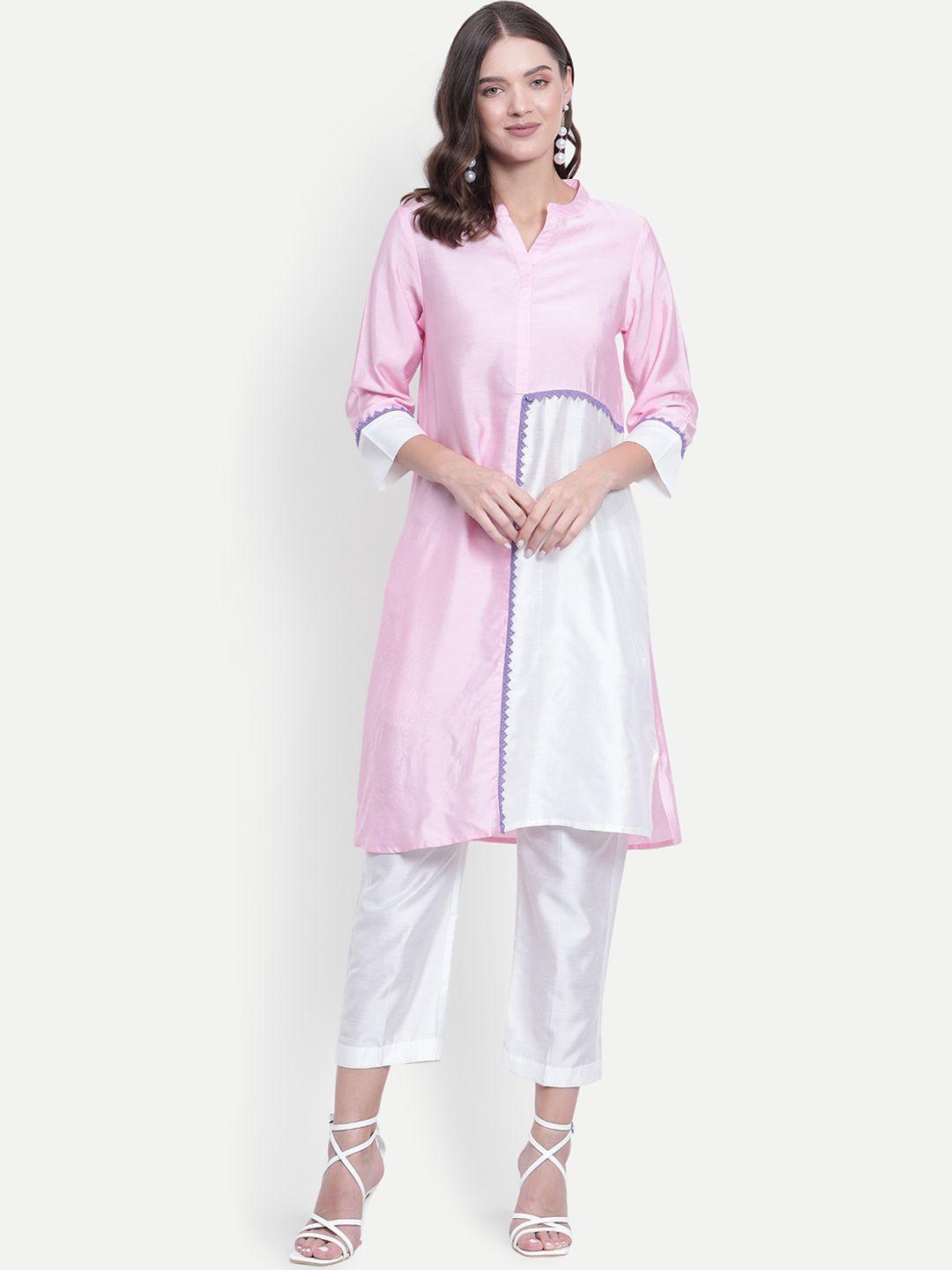 tyaar women pink colourblocked regular kurta with trousers