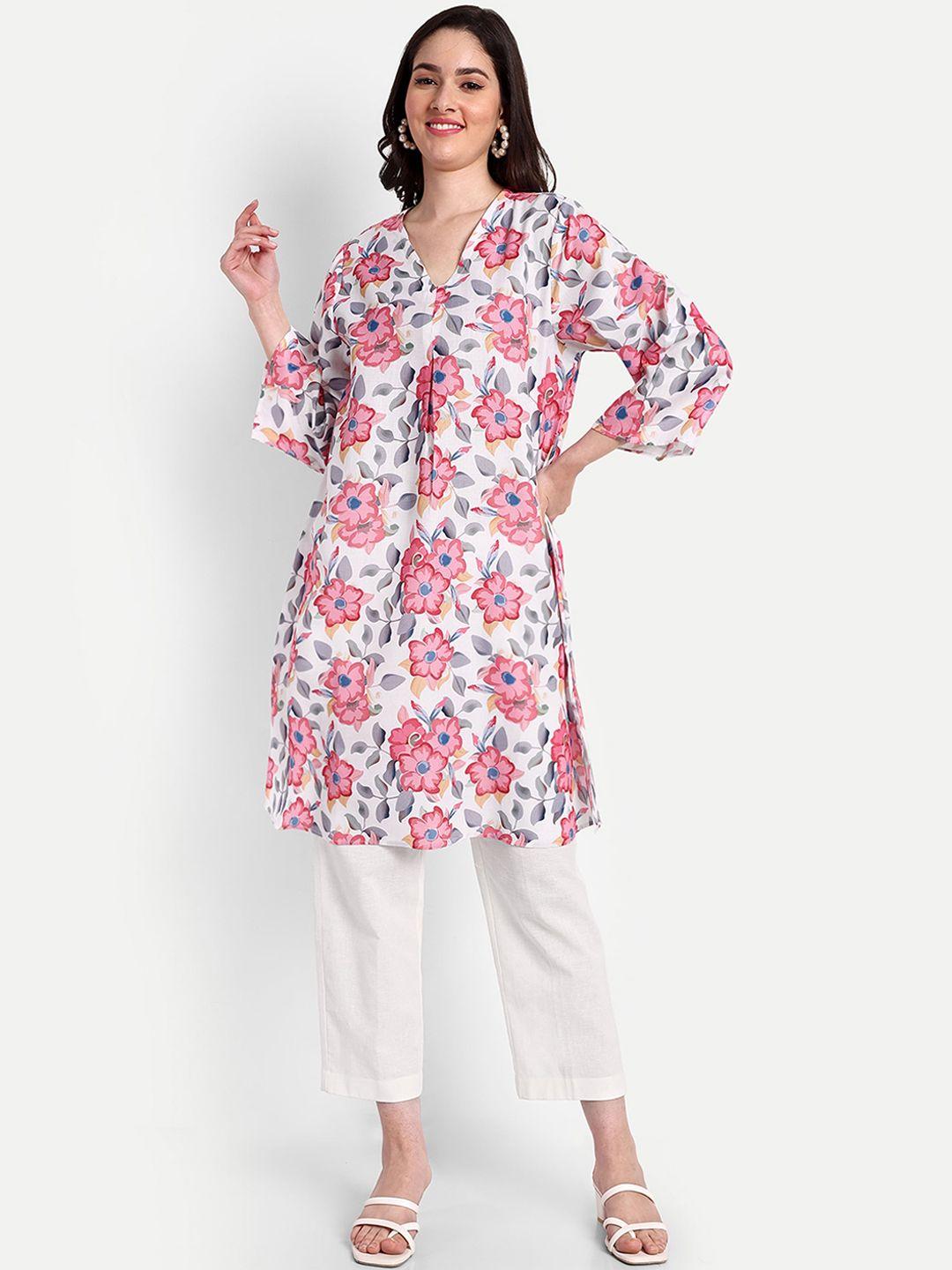 tyaar women white floral printed regular kurta with trousers