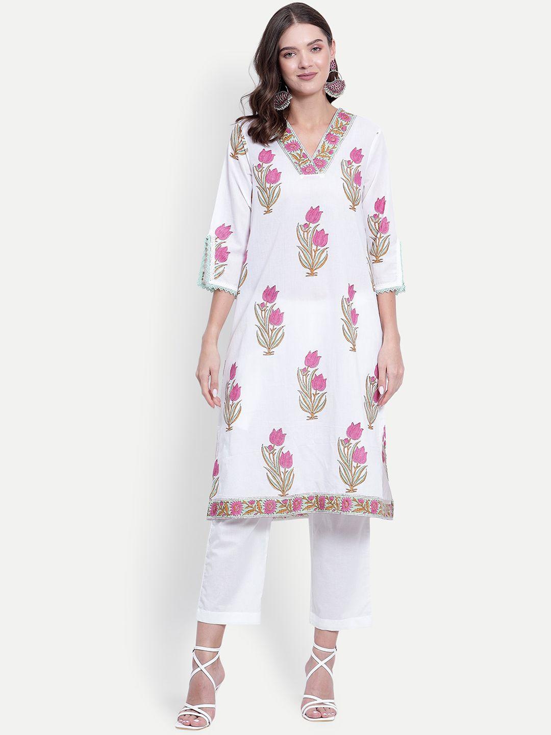 tyaar women white floral printed regular pure cotton kurta with trousers