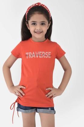 typographic cotton blend round neck girls t-shirt - orange