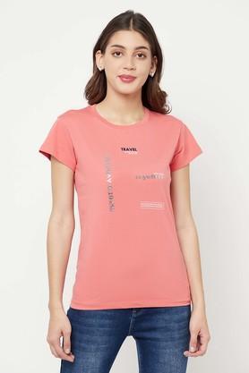 typographic cotton blend round neck womens t-shirt - pink