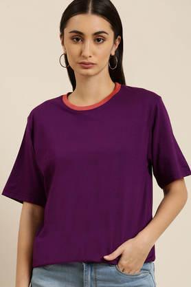typographic cotton round neck women's oversized t-shirt - purple