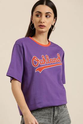 typographic cotton round neck women's oversized t-shirt - purple