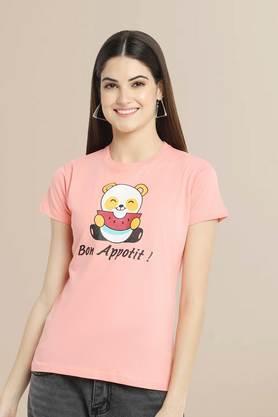 typographic cotton round neck women's t-shirt - peach