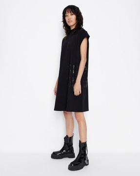 typographic print a-line t-shirt dress with logo patch