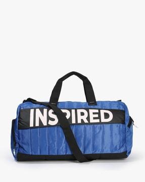 typographic print duffel bag with adjustable strap