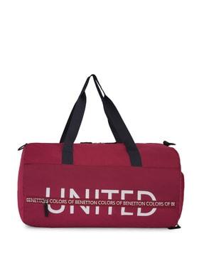 typographic print duffle bag with dual handles