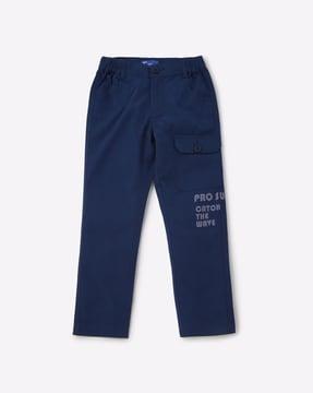 typographic print flat-front slim trousers with insert pockets