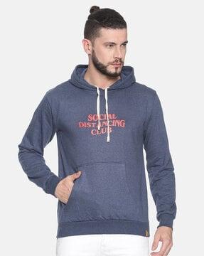 typographic print hooded sweatshirt with ribbed hems