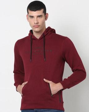 typographic print hoodie with zipper-kangaroo pocket