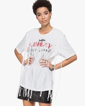 typographic print t-shirt with fringes