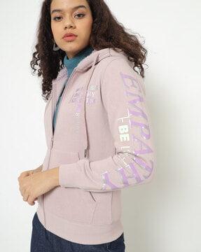 typographic print zip-front hooded jacket