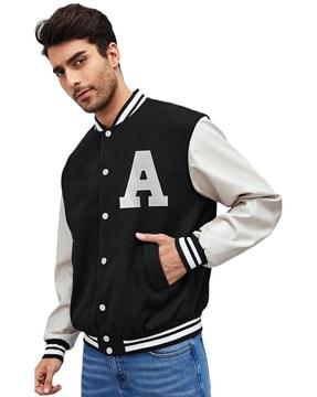 typographic applique jacket with contrast taping