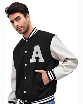 typographic applique jacket with contrast taping