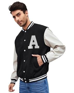 typographic applique jacket with contrast taping