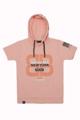 typographic blended fabric hooded boys t-shirt - peach
