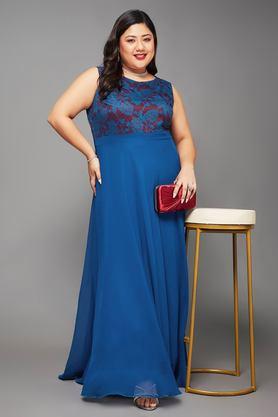 typographic boat neck georgette women's full length dress - royal blue