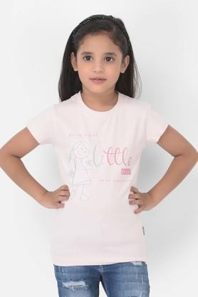 typographic cotton blend round neck girls t-shirt - pink
