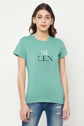 typographic cotton blend round neck women's t-shirt - green