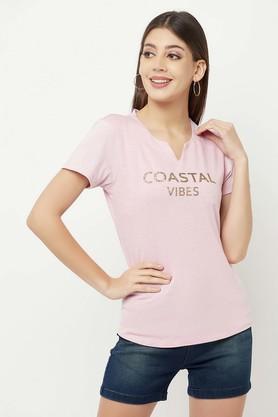 typographic cotton blend round neck women's t-shirt - pink