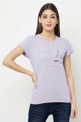 typographic cotton blend round neck women's t-shirt - purple