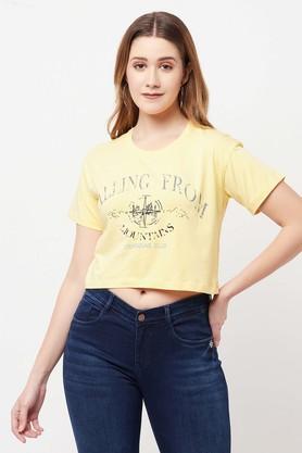 typographic cotton blend round neck women's t-shirt - yellow