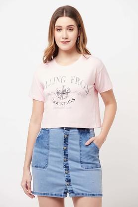 typographic cotton blend round neck womens t-shirt - pink