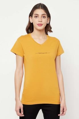 typographic cotton blend v neck womens t-shirt - yellow