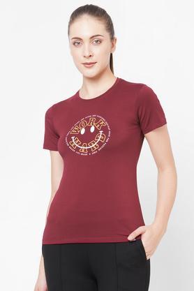 typographic cotton crew neck womens t-shirt - maroon