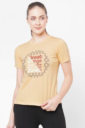 typographic cotton lycra round neck womens t-shirt - yellow mix