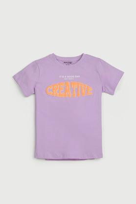 typographic cotton round neck girls t-shirt - lilac