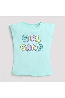 typographic cotton round neck girls t-shirt - sky blue