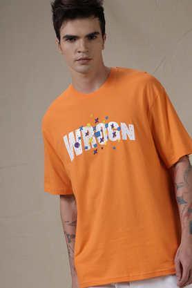 typographic cotton round neck men's casual wear t-shirt - orange