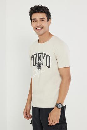 typographic cotton round neck men's t-shirt - natural