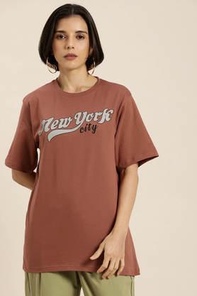 typographic cotton round neck women's oversized t-shirt - brown