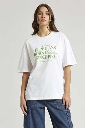 typographic cotton round neck women's oversized t-shirt - white
