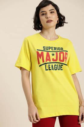 typographic cotton round neck women's oversized t-shirt - yellow